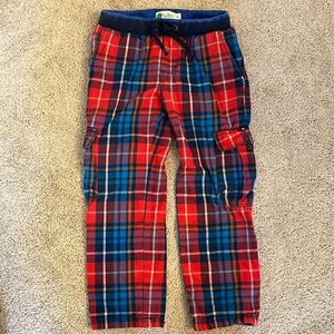 Mini Boden • plaid flannel pants red blue cotton cargo pockets cozy tartan